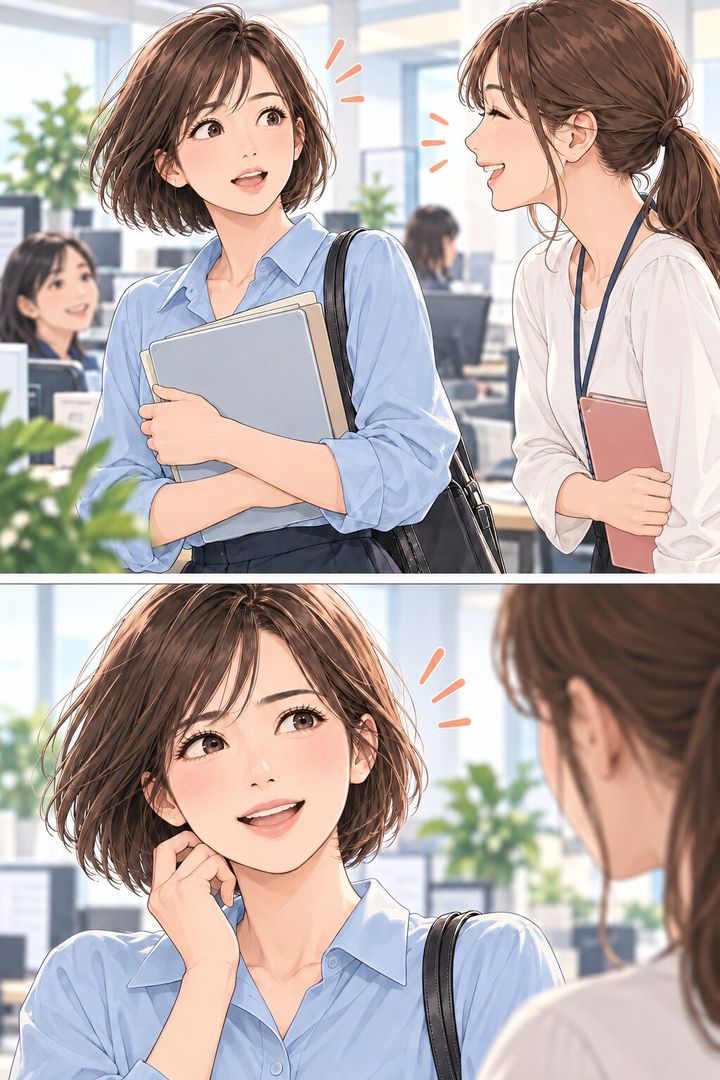 職場の人から体形の変化を指摘され、驚きながら喜ぶ女性を描いた漫画