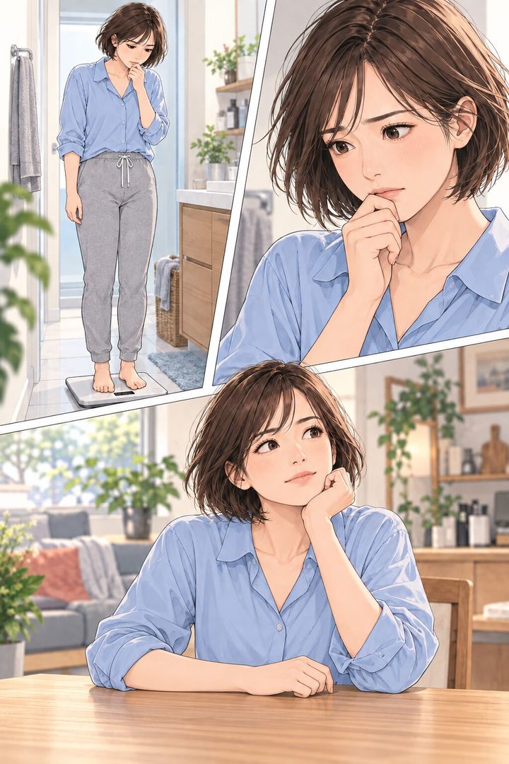 体重が戻ったことを受け止め、今後の食べ方を考える女性を描いた漫画