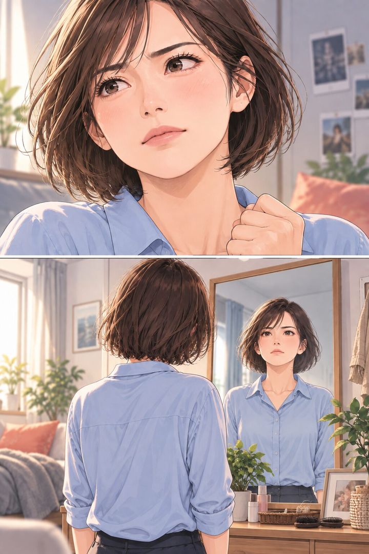 鏡の前で、失恋後に生活を変えようと考える女性を描いた漫画