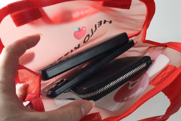 ビニールバッグの中にスマートフォンと財布が入っている