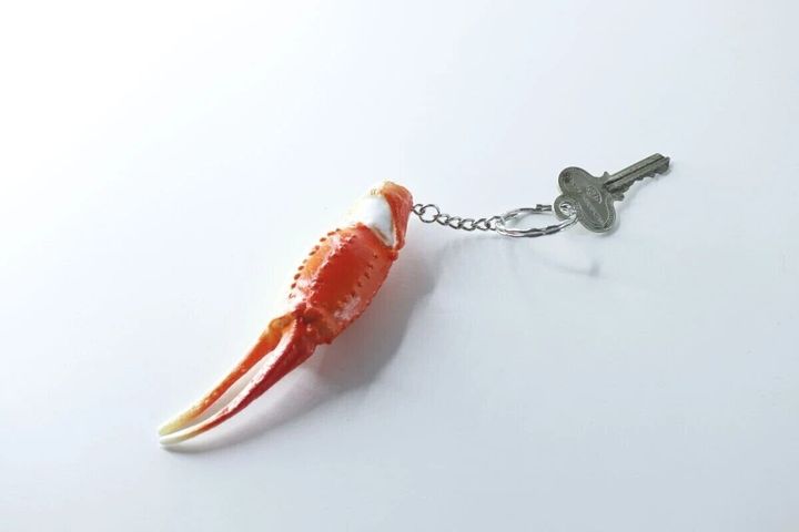 カニ爪キーホルダーに鍵が一つ付けられ、白い背景に置かれている