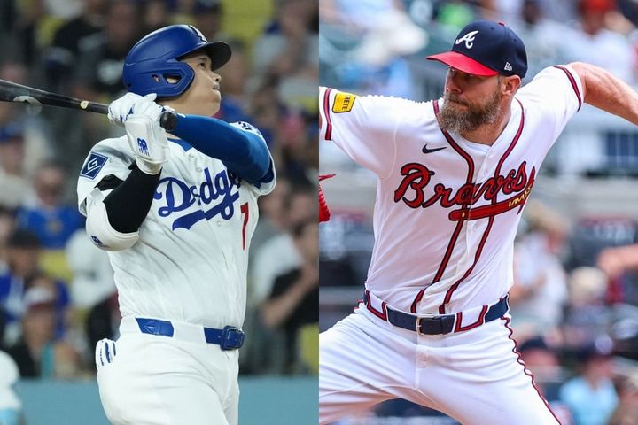 ドジャースの大谷翔平（左）とブレーブスのクリス・セール（C）ロイター