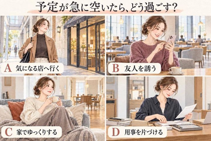 【心理テスト】予定が急に空いたら何をする？あなたが“自由時間に求めるもの”を診断