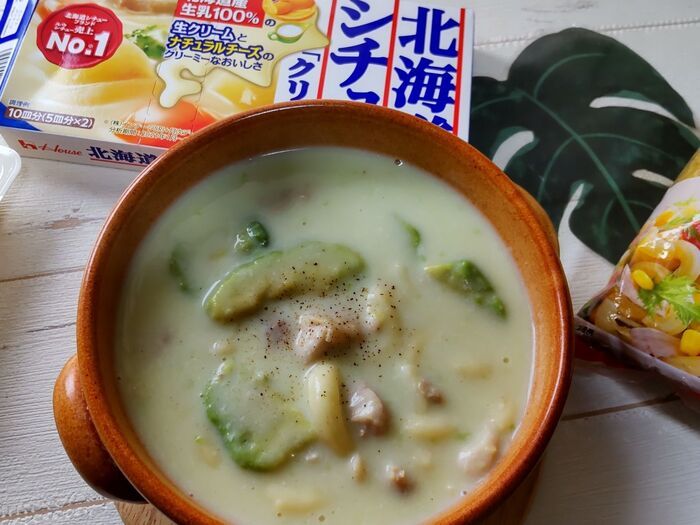 その後、マカロニを入れたシチュー風にして、美味しくいただきました♪