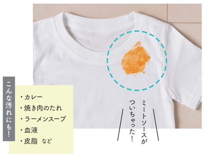 白いTシャツの肩にミートソースが付いた食べこぼし汚れ。カレーや焼き肉のたれ、ラーメンの汁、血液、皮脂汚れなど落ちにくい衣類のシミの例。