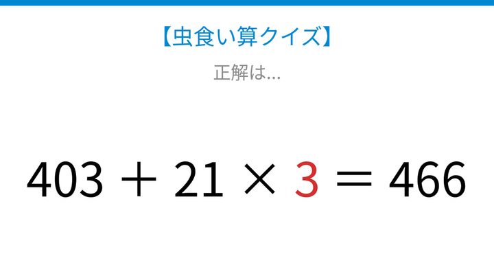 【虫食い算クイズ】403足す21かける□は466になります。論理で解ける！の解答画像
