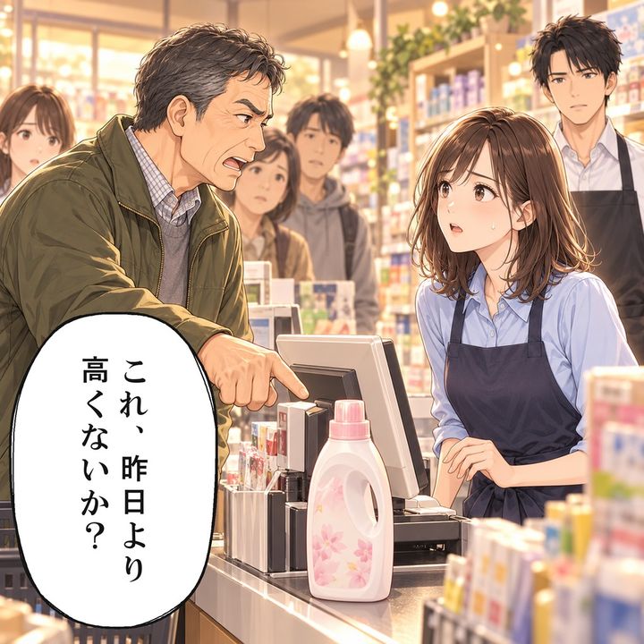 混み合うレジで常連客が柔軟剤の値段を問いただします