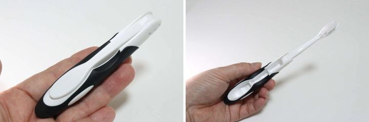 折りたたみ歯ブラシの収納時と使用時を左右に並べた写真