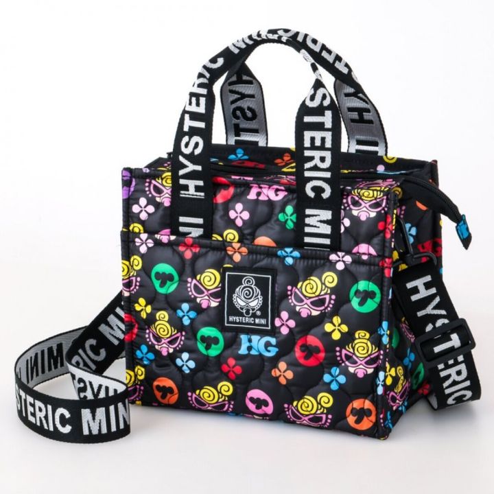 HYSTERIC MINIの黒地にカラフルな総柄キルティングショルダーバッグ