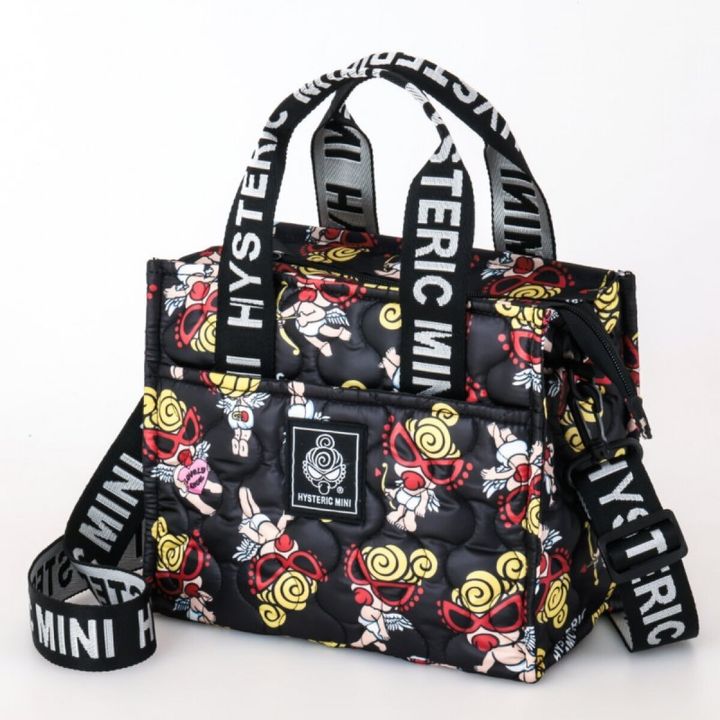 HYSTERIC MINIの黒地にANGEL MINI柄のキルティングショルダーバッグ