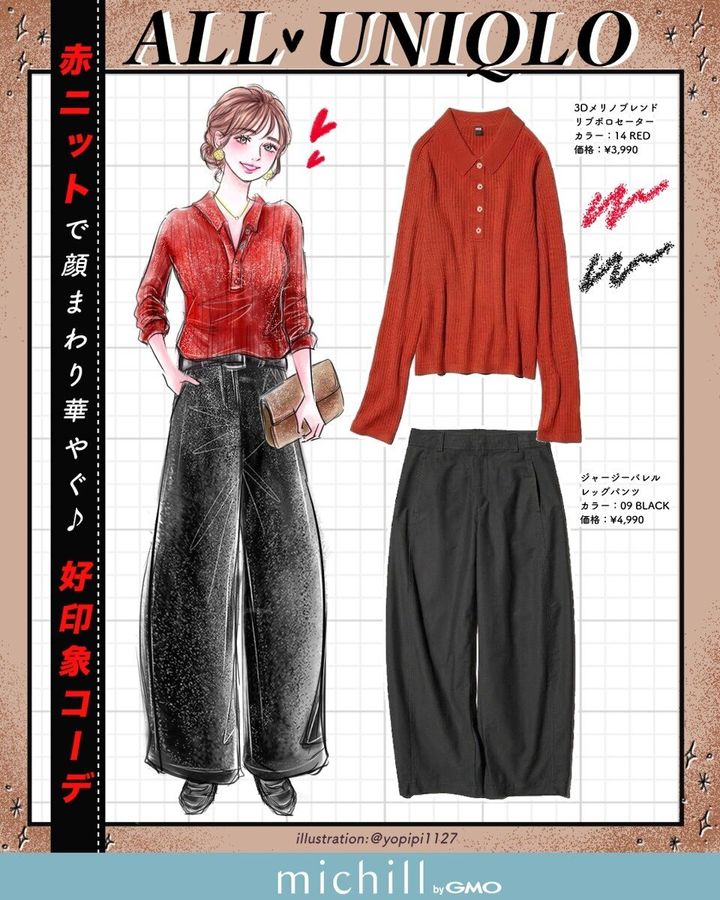 赤ニットと黒バレルパンツのコーディネートイラストと商品