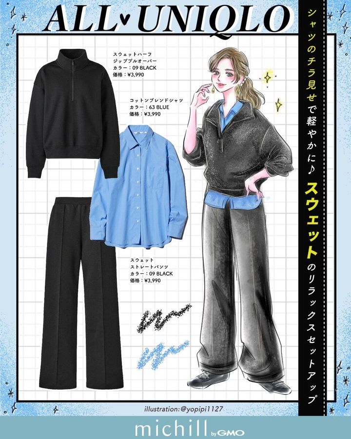 スウェットセットアップにシャツを重ねたコーデイラストと商品