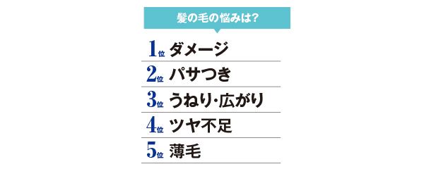 髪の毛の悩みは？1位 ダメージ2位 パサつき3位 うねり・広がり4位 ツヤ不足5位 薄毛