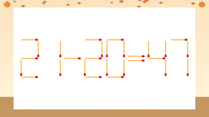 【マッチ棒クイズ】1本だけ動かして正しい式に：21-20=47？の問題画像