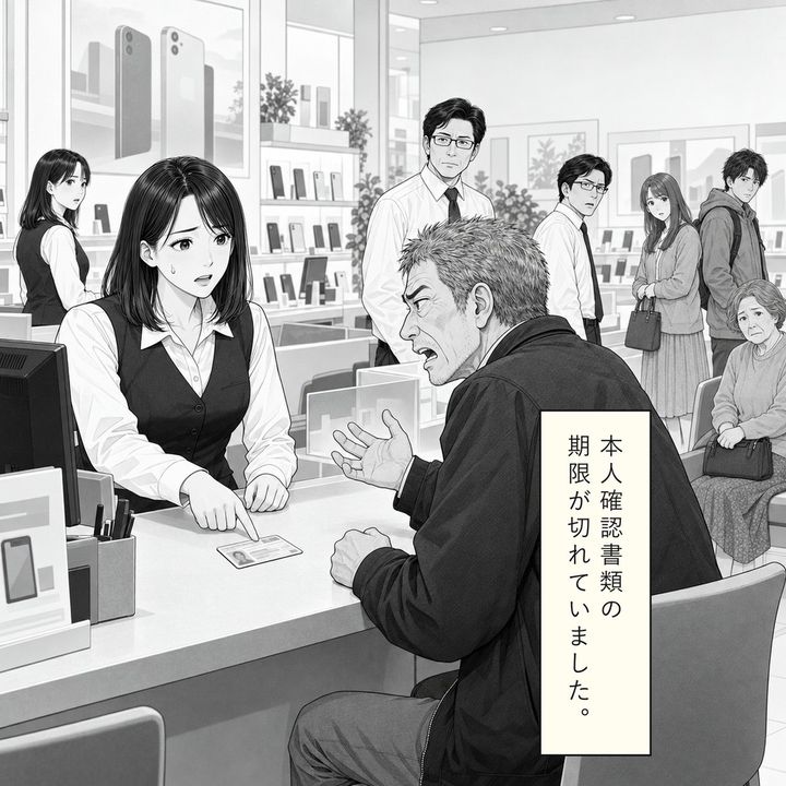 店員は本人確認書類の期限切れを説明します