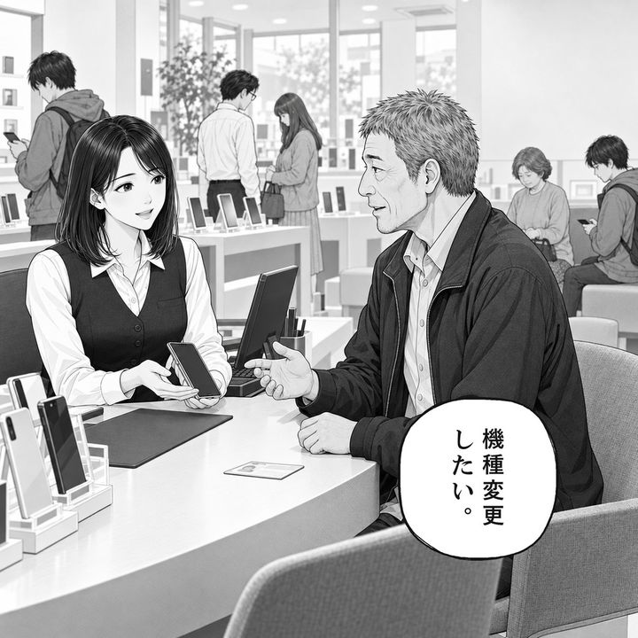 男性客は携帯電話の機種変更を申し込みます