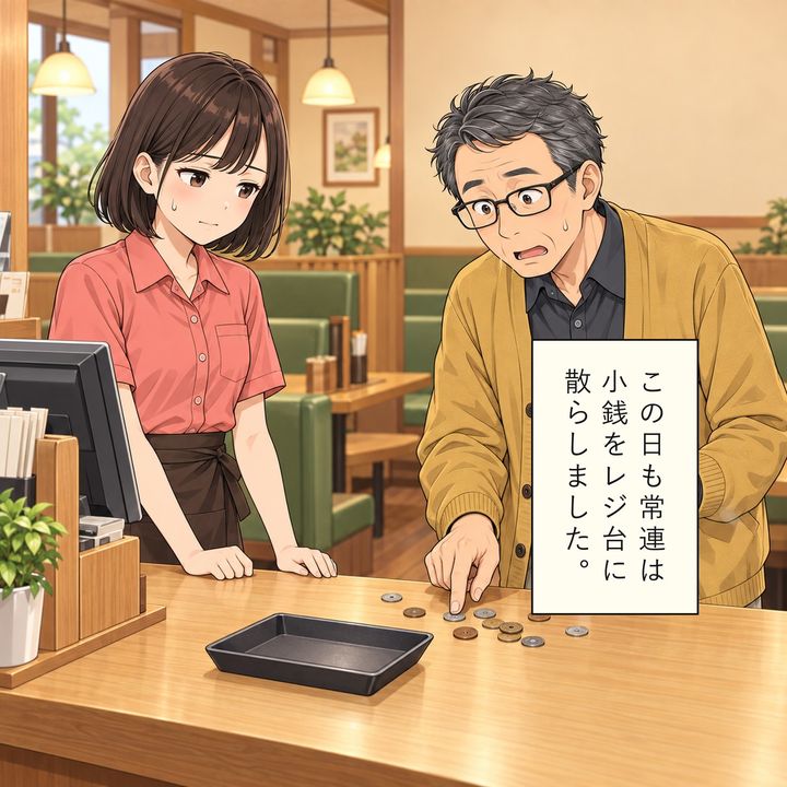 この日も常連は硬貨をばらばらに置きます