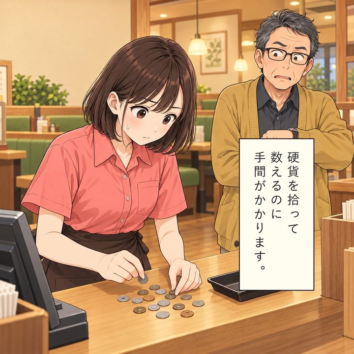店員は毎回小銭を拾い、数えるのに手間取ります