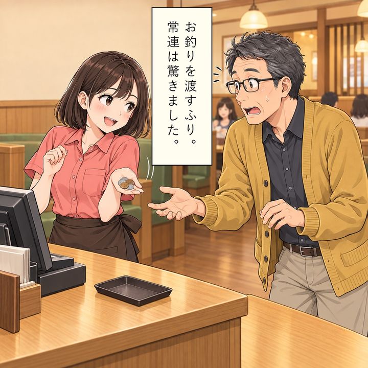 お釣りを渡すふりをすると、常連は驚きます