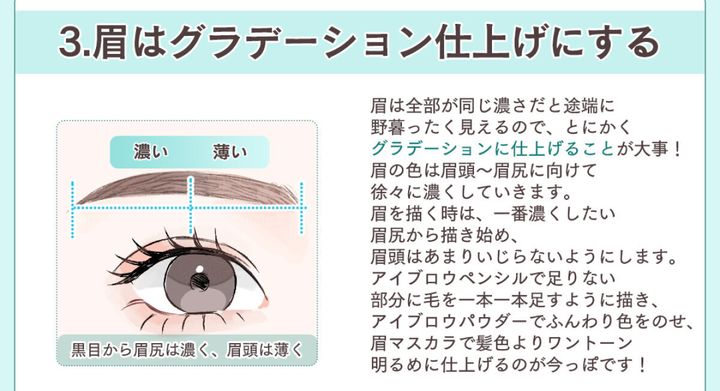 眉頭から眉尻にかけてグラデーションを作る眉メイクのイラスト