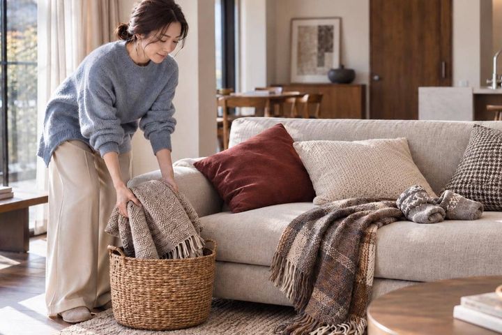 ソファの上、ブランケットやクッションで埋まってない？秋冬の“くつろぎアイテム”を散らかさない３つのコツ