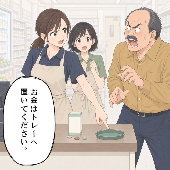 先輩店員は新人を下がらせてトレーを示します
