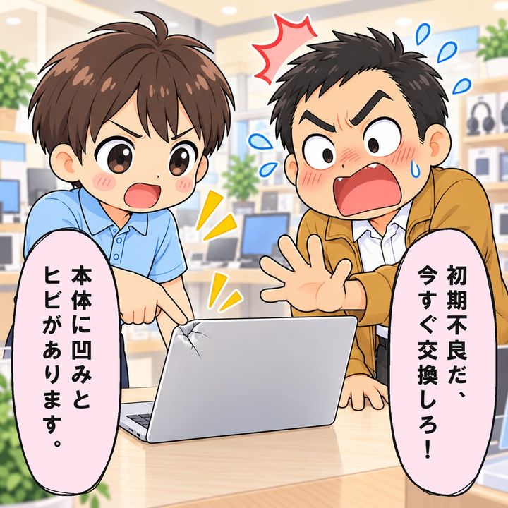 購入半年のパソコンを、新品に替えろと客が迫ります。