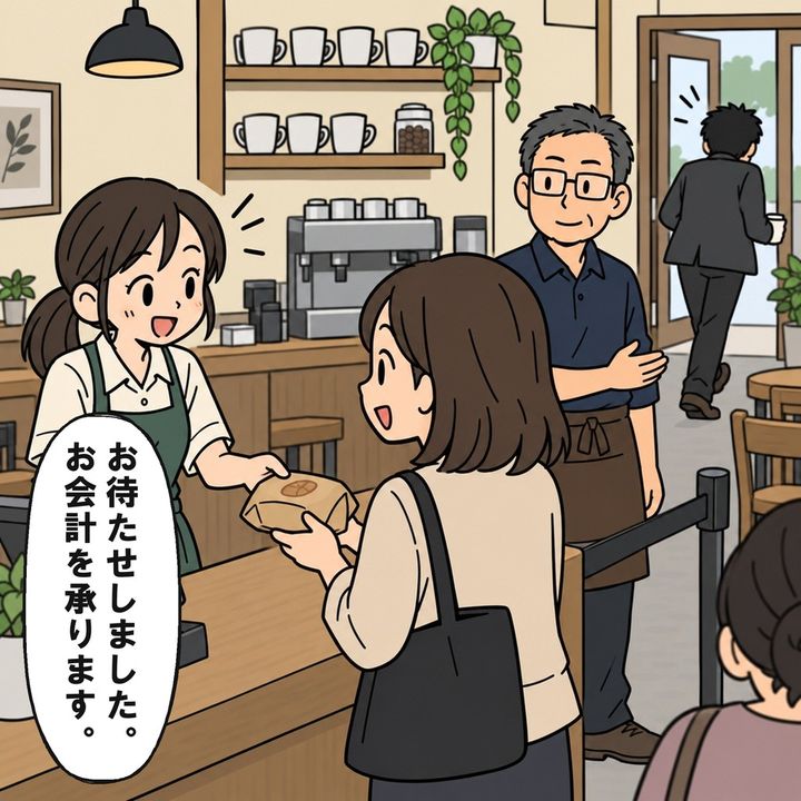 男性が去ったレジで、店員は待っていた会計を再開します。