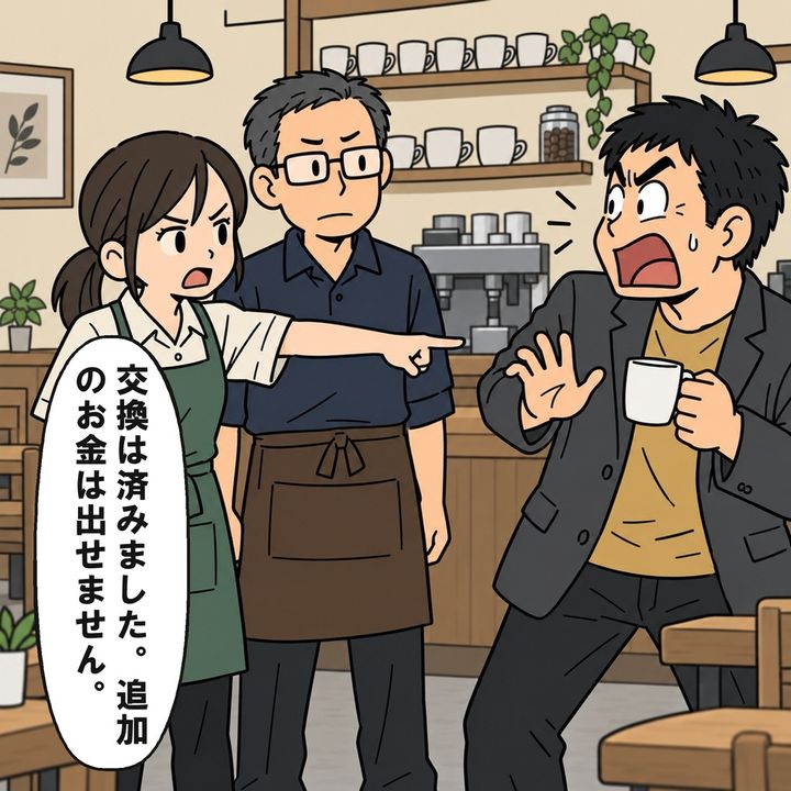 店員が交換済みのカップを示し、追加の支払いを断ります。