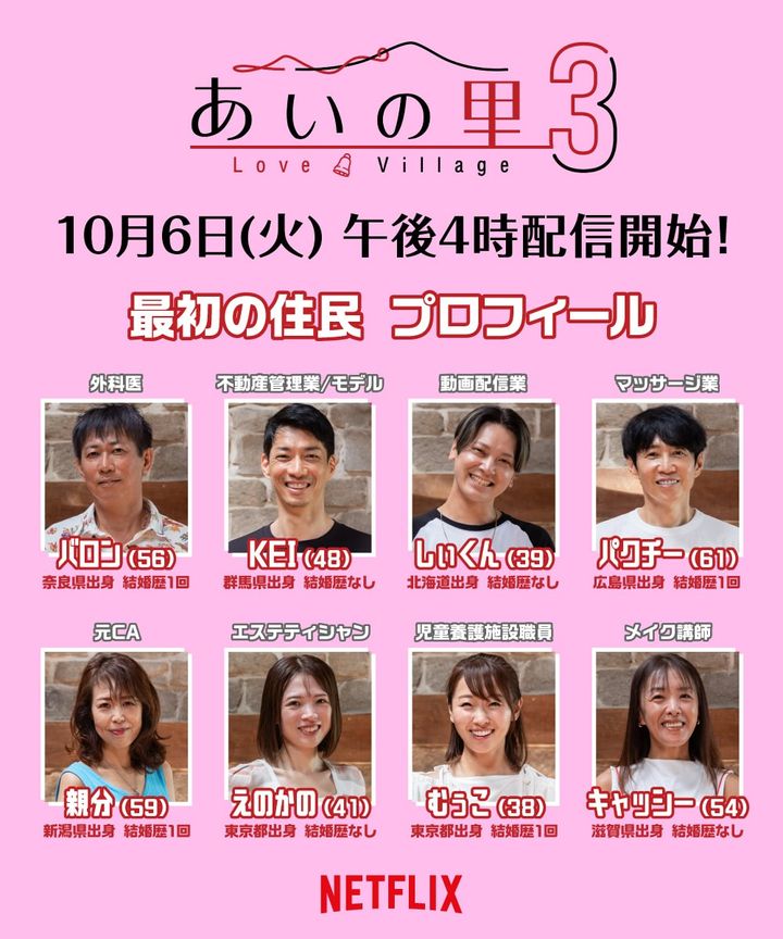 Netflixリアリティシリーズ「あいの里 シーズン3」メンバープロフィール