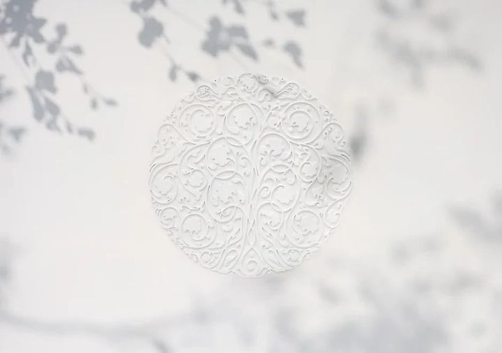 白い背景に、繊細な植物の蔓のような模様が施された円形の白い装飾品が中央に配置されています。背景には植物の影がぼんやりと映り込み、優雅でミニマルな雰囲気を醸し出しています。