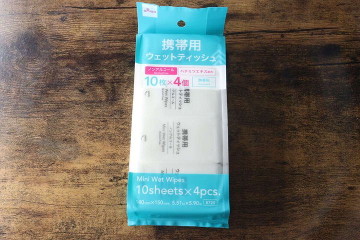 ダイソーの「携帯用ウェットティッシュ ノンアルコール」のパッケージ全体