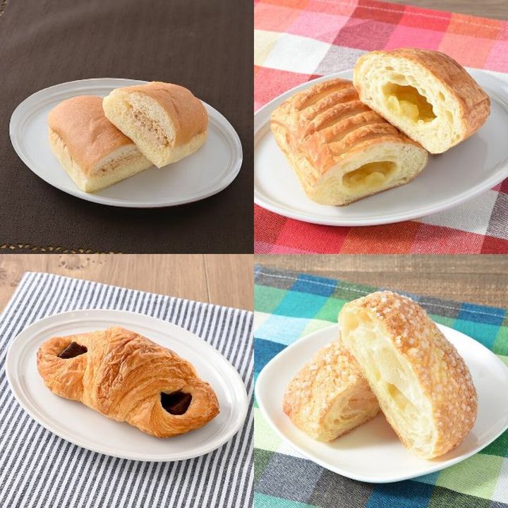 ダブルピーナッツコッペパン、アップルデニッシュ、チョコクロワッサン、メロンパンの4種のパン