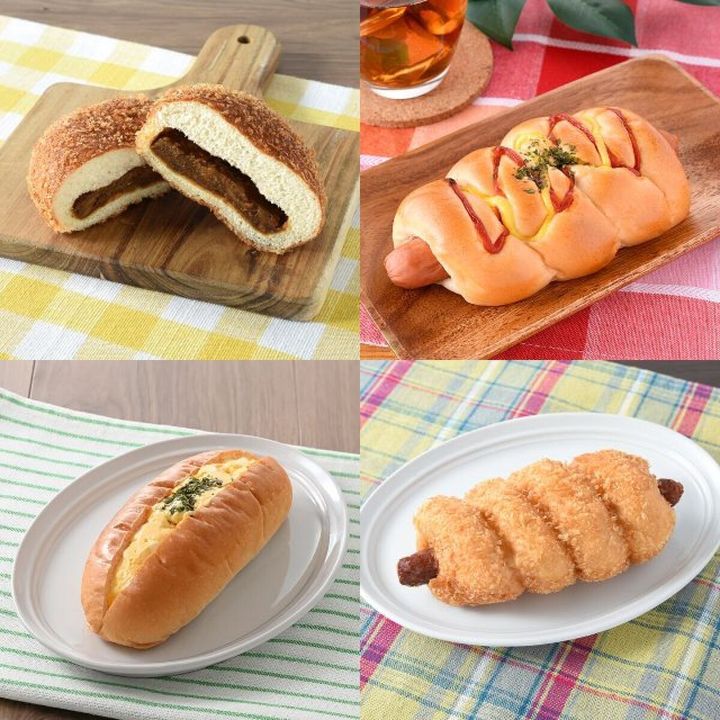 カレーパン、フランクロール、たまごコッペパン、ソーセージドーナツの4種のパン