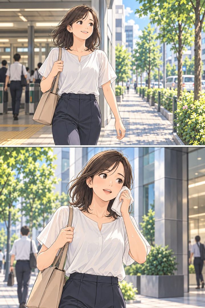 夏の通勤時に駅から職場まで歩く女性を描いた漫画