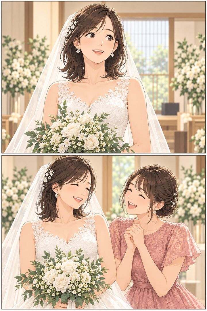 結婚式当日、ドレス姿の女性を妹が祝福する場面を描いた漫画