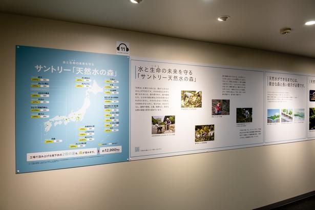サントリーグループ全体で使用する水の、2倍以上の量を育むことを目標にした活動、「天然水の森」をパネルで紹介