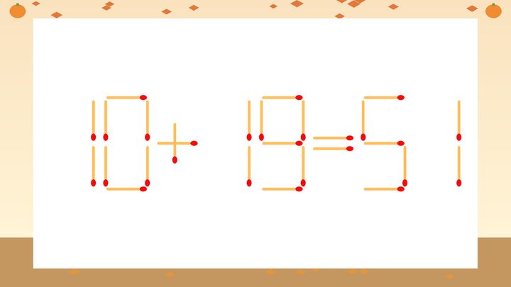 【マッチ棒クイズ】1本だけ動かして正しい式に：10+19=51？の問題画像