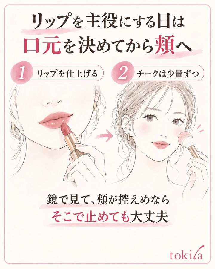 ローズ系リップをしっかり色づけ、チークを淡くした仕上がりイラスト