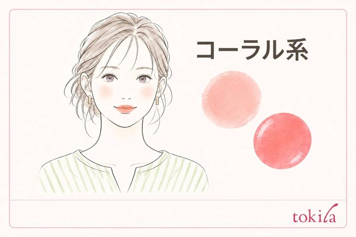 コーラル系リップと淡いピーチ系チークを合わせた仕上がりイラスト