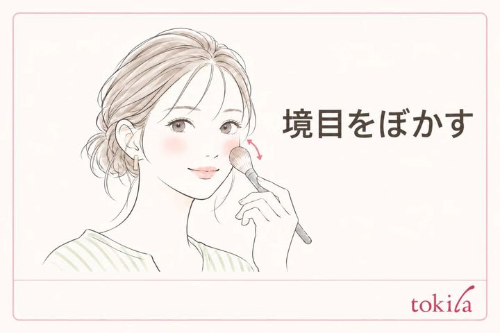 チークの境目に粉を足していないブラシを軽く当てる線画イラスト
