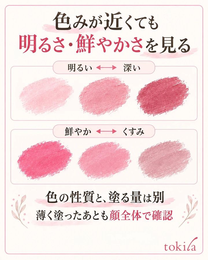明るいローズと深いローズ、鮮やかなピンクとくすみピンクの2行の比較図