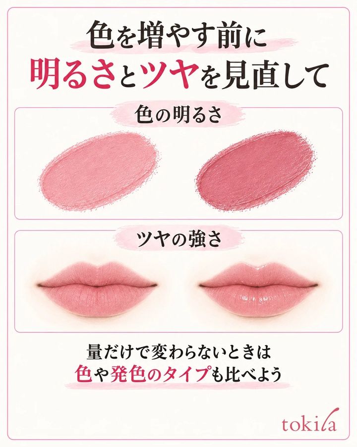 同じローズ系の明るさと、同じ唇色のマット・ツヤを分けて比較する図