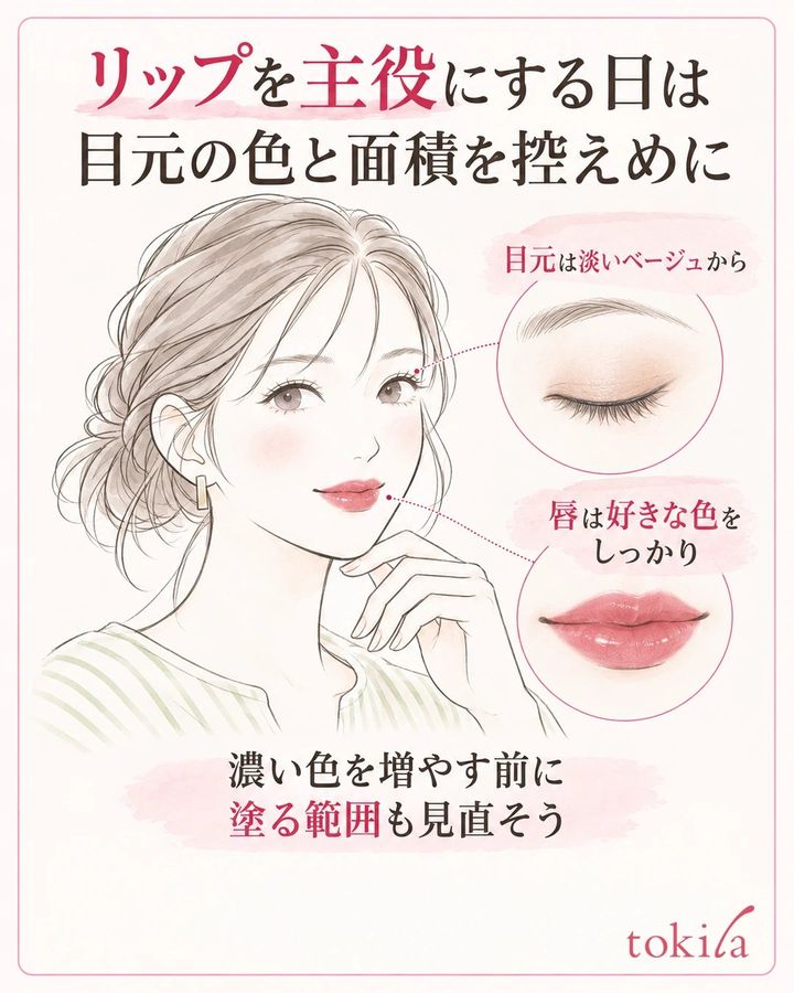 ローズの唇を主役にし、目元を淡いベージュに整えた顔と拡大図
