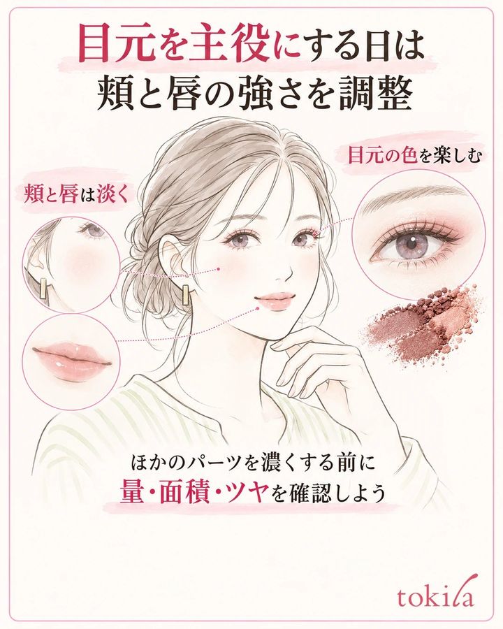赤みブラウンの目元を主役にして頬と唇を淡くしたメイク例
