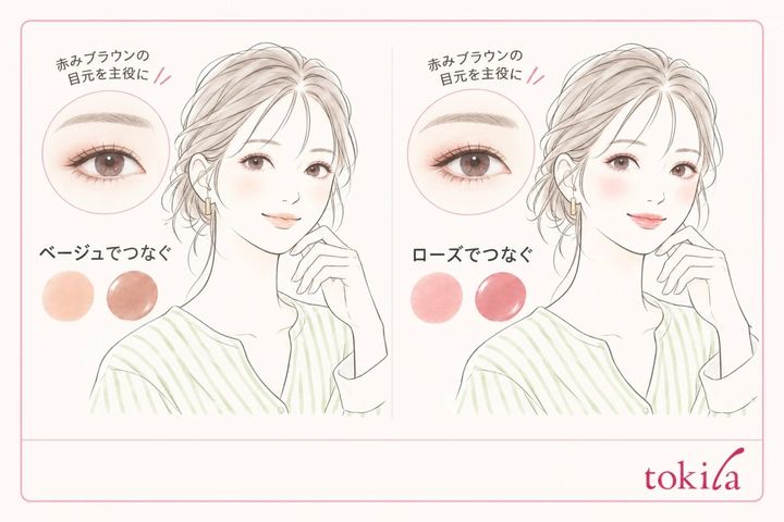 赤みブラウンの目元を主役にしたベージュ系とローズ系の配色