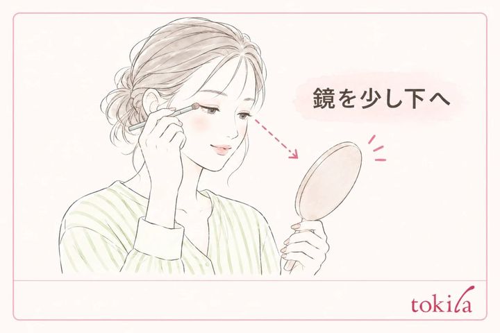 手鏡を少し下にして上まぶたを見やすくする図