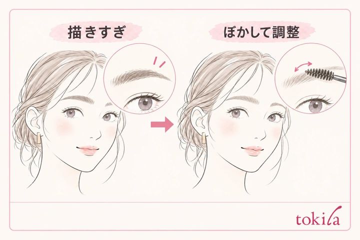 濃く描きすぎた眉頭だけをブラシでぼかす手順