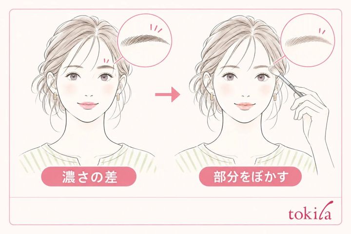 眉の上側の濃さをぼかして左右の見え方を整える比較