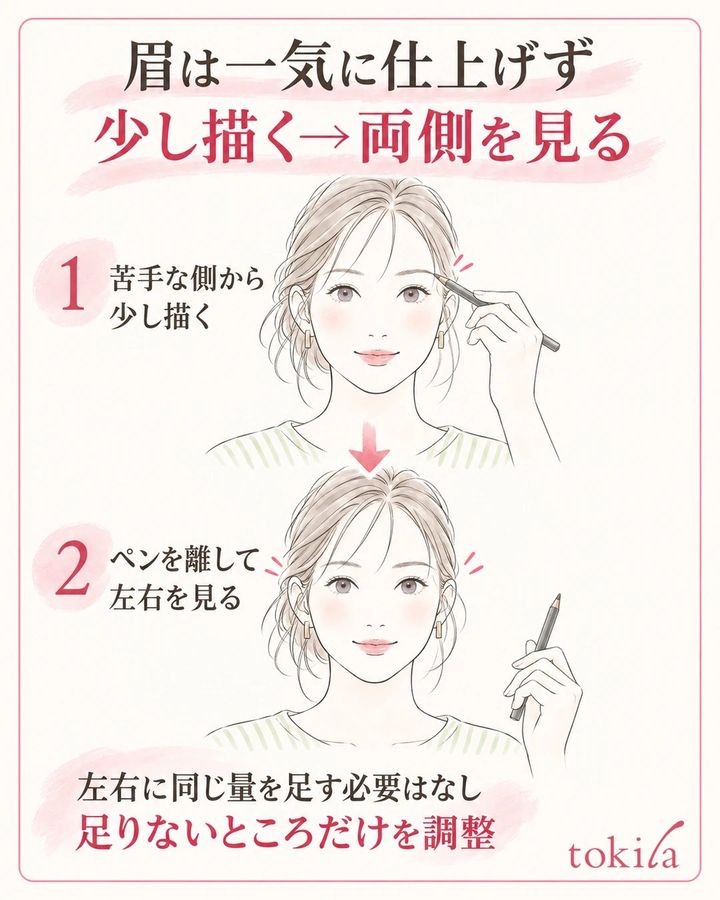苦手な側から少し描き、ペンシルを離して両方の眉を見る2段階の手順